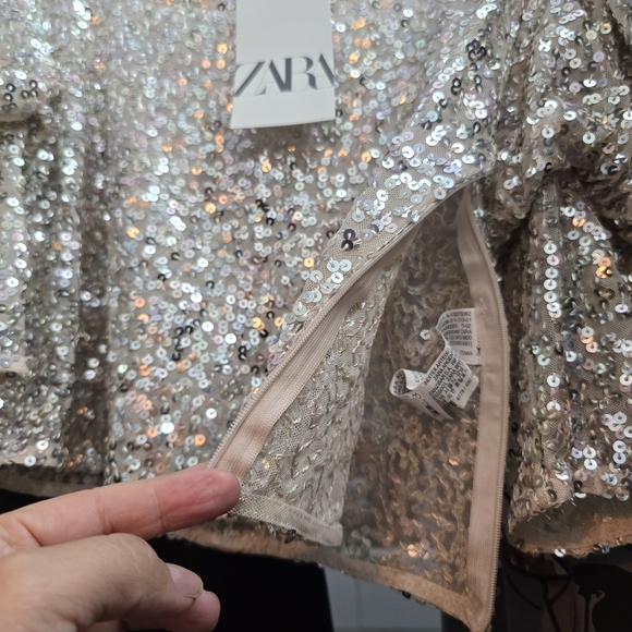 ZARA Puff Sleeve Tulle Sequin Crop Top Pearly Women's Sz Large Holiday Y2K Party - Picture 5 of 15